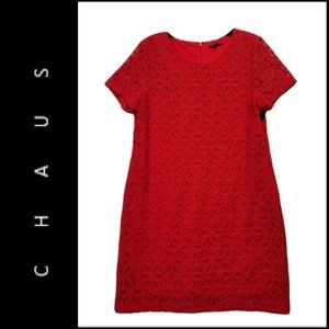 Chaus Women Short Sleeve Lace Dress Sheath Red XL